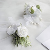 levne Umělé květiny-Slonovinová růžová korsáž na zápěstí, náramek a pánská sada boutonniér pro bílé svatební květinové doplňky, dekorace na ples