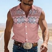 preiswerte Westernhemden für Herren-Herren Geometrisches Muster Ethnisch Westernhemd Cowboy-Shirt Ärmelloses Shirt Ärmellos Westernstil Outdoor Arbeit Lässig Sommer Frühling Umlegekragen 3D-Druck Arbeitshemden Blau Rosa Khaki