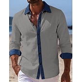 billiga Semester-Men's Shirt Linen Shirt Summer Shirt Beach Wear Beach Shirt Button Up Shirt Color Block Vacation Holiday Blue Black White Pink Long Sleeve Turndown Summer Spring Clothing Apparel Patchwork