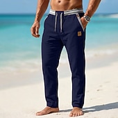 cheap Holiday-Men's Linen Pants Summer Pants Drawstring Elastic Waist Straight Leg Plain Comfort Breathable Full Length Casual Daily Beach Vacation Fashion Blue Black Inelastic