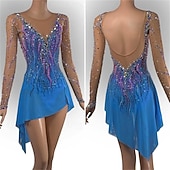 billige Figur skating kjoler-Kjole til kunstløp Dame Jente Skøyteløp Kjoler Himmelblå Åben Ryg Netting Spandex Høy Elastisitet Trening Konkurranse Skøyteklær Klassisk Krystall / Rhinstein Langermet Skøyting Kunstløp
