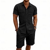 economico Camicie di lino-Per uomo Camicia di lino Due pezzi Set Camicia E Shorts Shorts di Lino Shorts da Spiaggia Impostare Semplice Quotidiano All'aperto Vacanza Collo ripiegato Manica Corta Estate Moda Casual Confortevole