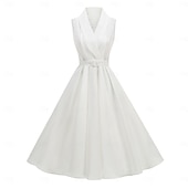 preiswerte Kleider-1950er Retro Vintage Rockabilly Midlänge Kleid Swing-Kleid Ausgestelltes Kleid Kurze Ärmel Einfarbig Tupfen Tailliert und ausgestellt Schaukel V Ausschnitt Kostüm Damen Lässig Party Alltagskleidung