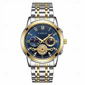 abordables Montres à quartz-Montre homme à cadran bleu, montre-bracelet de luxe à phases de lune, montre analogique bicolore en acier inoxydable avec volant squelette &amp;Coffret cadeau, cadeau élégant et étanche pour homme, argent