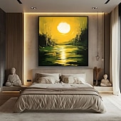 cheap Landscape Paintings-Hand Painted Sunset Oil Painting Emerald Green Abstract Textured Canvas Green Lake Moon Water Reflection Art