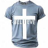  Believe Christian Cross Men's Minimalist Religious Spiritual T Shirt Graphic Crew Neck Short Sleeve Church Worship Gift for Believers Designer Clothing Apparel