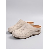 billige Tresko og tøfler til kvinner-Beige perforerte mulletresko til dame – komfortable slip-on hagesko for turgåing, hjemmebruk og sommerlig fritidsbruk