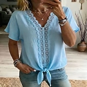 billiga Enkla blusar-Women's Shirt Blouse Patchwork Lace Trim Fashion Casual Beach Sleeveless V Neck Regular Tops Casual White Pink Sky Blue Dark Blue Summer