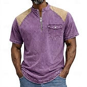cheap Casual Henley Tee-Men's Henley Shirt 100% Cotton Acid Wash Shirt Short Sleeve Plain Solid Vintage Retro Vintage Casual Zipper Vintage Style Garment Dyed Henley Casual Spring &amp; Summer Summer Spring Black Pink Light
