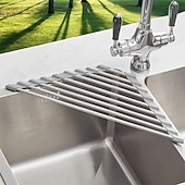 abordables Utensilios de cocina y gadgets-Escurridor de platos sobre el fregadero, enrollable y triangular para esquina de cocina, alfombrilla de escurridor plegable de acero inoxidable (triangular), escurridor de platos para fregadero de