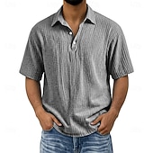 abordables Clásico-Men's Shirt Popover Shirt Summer Shirt Beach Wear Cotton Linen Shirt Button Up Shirt Solid Color Casual Vacation Blue Black Navy Blue Purple Short Sleeve Shirt Collar Summer Spring Clothing Apparel