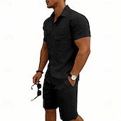 economico Camicie di lino-Per uomo Camicia di lino Due pezzi Set Camicia E Shorts Shorts di Lino Shorts da Spiaggia Impostare Semplice Quotidiano All'aperto Vacanza Collo ripiegato Manica Corta Estate Moda Casual Confortevole
