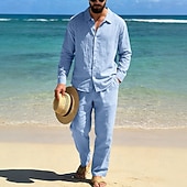 abordables Chemises lin et coton-Homme Chemise en lin Deux pièces Ensemble Chemise Et Pantalons en Lin Pantalons Pantalon décontracté Set Uni Quotidien Extérieur Plage Col Rabattu manche longue Été Printemps Mode Occasionnel