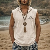 preiswerte Camisetas tropicales de vacaciones-Herren-Weste mit Kapuze, ärmellos, mit Meereswellen-Print, Boho-Stil, lockerer Passform, V-Ausschnitt, ausgefranstem Saum, aus Baumwoll-Leinen-Mischgewebe, ideal für Strandurlaub und Surfen. Größen: