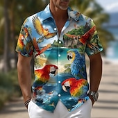 baratos Pássaros &amp; Animais-Homens Pássaro Flores tropicais Papagaio Camisa Social Camisas havaianas Camisas tropicais Manga Curta Havaiana Praia Férias Verão Primavera Aberto para a Lateral Impressão 3D Camisas de botões Azul