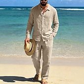 abordables Chemises lin et coton-Homme Chemise en lin Deux pièces Ensemble Chemise Et Pantalons en Lin Pantalons Pantalon décontracté Set Uni Quotidien Extérieur Plage Col Rabattu manche longue Été Printemps Mode Occasionnel