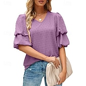 baratos Chiffon Tops-Mulheres Camisa Social Blusa Tops de chiffon Tecido à moda Básico Clássico Manga Curta Manga Princesa Decote V Tops regulares Casual Diário Feriado Azul Preto Branco Vinho Verde Escuro Verão Primavera