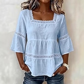 abordables Chemises-Haut classique en coton et lin pour femme, élégant, à empiècements de dentelle et volants superposés, manches 3/4, col carré, coupe droite, idéal pour un look décontracté au quotidien. Disponible en
