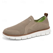baratos Zapatos Casuales Slip-On-Men's Beige Slip-On Knit Shoes, Lightweight Breathable Casual Sneakers, Comfortable Outdoor Resort Footwear for Travel, Daily Walks and Summer Activities