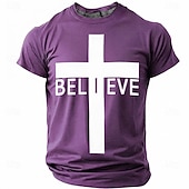  Believe Christian Cross Men's Minimalist Religious Spiritual T Shirt Graphic Crew Neck Short Sleeve Church Worship Gift for Believers Designer Clothing Apparel