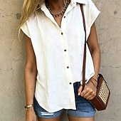 cheap Plain Blouses-Women's Shirt Cotton Linen Shirts Beach Shirt Button Up Shirt Solid Color Plain Vacation Fashion Casual Sleeveless Turndown Regular Tops Streetwear Beach Holiday White Yellow Orange Light Blue Summer