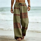 abordables Pantalons décontractés imprimés pour hommes-Homme Géométrique Tribal Ethnique Pantalons Pantalon décontracté Pantalons Amples Taille Moyenne Boho Vintage Rétro Maison Extérieur Vacances Taille élastique avec cordon de serrage Pantalon en lin