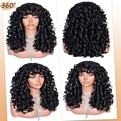 abordables Pelucas sintéticas de moda-Black Curly Wig with Bangs for Black Women Long Curly Afro Wig Big Bouncy Fluffy Synthetic Fiber Glueless Hair for Cosplay and Daily 17 Inch