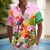 voordelige Tropische planten-Men's Parrot Tropical Plants Flowers Summer Hawaiian Shirt Button Up Shirt Aloha Shirt Short Sleeve Hawaiian Vacation Summer Spring Turndown 3D Print Collared Shirts Front One Pocket Blue Pink Red