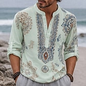 abordables Motif ethnique-Homme Ethnique Floral complexe Chemise Chemise Boutonnée Chemise Henley manche longue Vintage Rétro Occasionnel Vacances Mariage Été Printemps Col mandarin Col montant Impression 3D Chemise en lin