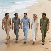 economico Camicie di lino-Per uomo Camicia di lino Due pezzi Set Camicia E Pantaloni di Lino Pantaloni Pantaloni casual Impostare Semplice Quotidiano All'aperto Vacanza Collo ripiegato Manica Corta Estate Moda Casual