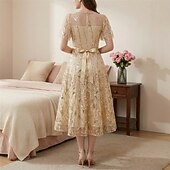 cheap Dresses-1950s Retro Vintage Midi Dress Swing Dress Flare Dress Short Sleeves Embroidered Leaf Fit &amp; Flare Swing Round Neck Fancy Dress Women's Casual Evening Party Tea Party Adults' Dress Spring &amp; Summer