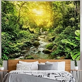 cheap Wall Tapestries-Nature Forest Wall Tapestry Sunrays Sunlight Through Trees Landscape Wall Hanging Misty Woodland Mossy Pine Forest Scenery Large Fabric Poster for Bedroom Living Room Zen Decor