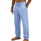 cheap Holiday-Men's Linen Pants Trousers Summer Pants Baggy Pants Drawstring Elastic Waist Straight Leg Plain Comfort Breathable Full Length Daily Outdoor Holiday Fashion Classic Style Blue White Micro-elastic