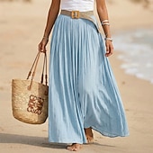ieftine Fuste simple-Pentru femei Fustă de vacanță Fustă din bumbac artificial și in Modă Casual Lung vară Maxi Talie Înaltă Fuste Simplu Zdrobit Fluid Strech Zilnic Plajă Albastru piscină Măr Verde Maroniu Galben Lămâie