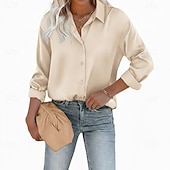  Dames Overhemd Elegant satijnen top Blouse Knop Effen Elegant Stijlvol Lange mouw Overhemdkraag Normale tops Dagelijks Feestdagen Uitgaan blauw Zwart Wit Geel Lichtgroen Zomer Lente Herfst