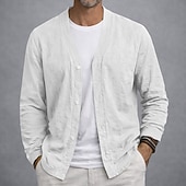 preiswerte Klassiker-Herren Leinenhemd Sommerhemd Strandbekleidung Knopfhemd Strickjacke Einfach Lässig Urlaub Blau Schwarz Weiß Khaki Langarm V Ausschnitt Sommer Frühling Bekleidung