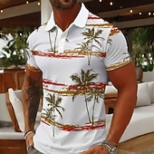 cheap Men's Hawaiian Polo-Men's Palm Tree Polo Shirts Short Sleeve Polo Shirts Collared Shirts Casual Athleisure Vacation Wear 3D Print Buttons Breathable Mesh Spring &amp; Summer Blue Brown Green