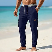 ieftine Vacanţă-Bărbați Pantaloni de in Pantaloni de vară Pantaloni largi Cordon Talie elastică Picior drept Simplu Confort Respirabil Lungime totală Casual Zilnic În aer liber Vacanță Modă Albastru piscină Negru