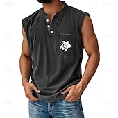 tanie Tank Tops-SoftFade™ Men's Vest Top Demin Shirt Sleeveless Henley Spring Graphic Plain Basic Garment Dyed Faded Vintage Washed Vacation Street Going out Black Dark Green Khaki Top Tee for Men