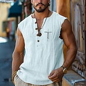 billige Vintage og retro-herre singlet med kryss ermeløs t-skjorte andre trykk dyp v-hals skjorte ferie daglig hawaii strandferie lyseblå svart hvit vår &amp;sommerklær