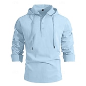 tanie Casualowa koszulka Henley-Męskie Koszula bawełniano-lniana Podkoszulek Koszula Henley Koszulka z długim rękawem Długi rękaw Kaptur Wiosna Jesień Równina Moda Moda miejska Codzienny Ściągana na sznurek Guziki Codzienny Urlop