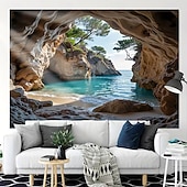 ieftine Tapiserie Pereți-Paradis tropical, cascadă, piscină, palmieri, peisaj natural, tapiserie de perete, fundal textil mare, pentru living, dormitor, cămin, birou, decor de perete, artă murală
