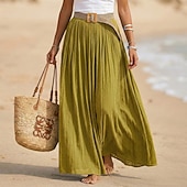 ieftine Fuste simple-Pentru femei Fustă de vacanță Fustă din bumbac artificial și in Modă Casual Lung vară Maxi Talie Înaltă Fuste Simplu Zdrobit Fluid Strech Zilnic Plajă Albastru piscină Măr Verde Maroniu Galben Lămâie