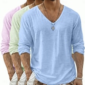 economico T-shirt in Cotone e Lino-Per uomo Maglietta Maglietta in lino Manica Lunga Scollo a V Primavera &amp; Estate Estate Primavera Tinta unica Semplice Quotidiano Casual Stile da Strada 3 pezzi Puro Confezione multipla Casuale