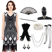 cheap Outfits-Vintage Roaring 20s 1920s Knee Length Dress Flapper Dress Gloves Sleeveless The Great Gatsby Charleston Sequins Tassel Fringe Fancy Dress Women's Halloween Carnival Cocktail Party Adults' 1 Fan Dress