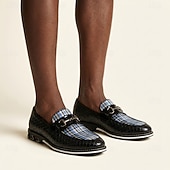 baratos Mocassins casuais-Mocassins masculinos pretos xadrez trançados, com detalhe metálico, estilo slip-on, ideais para ocasiões formais como casamentos, escritório, banquetes, festas e eventos corporativos.