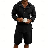 billige Linskjorte i bomull-Herre Linskjorte 2 deler Popover skjorte Og Shorts Lin Shorts Strandshorts Sett عادي Daglig utendørs Feriereise Med hette Langermet Sommer Mote Fritid Bekvem Klær