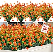 abordables Artificial Flower-20 Bundles Artificial Flowers for Outdoors, Summer Spring Grass Camellia Fake Flowers Plastic Plants, UV Resistant No Fade Faux Greenery for Gardens Porch Cemetery Decor