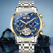 economico Orologi meccanici-Orologio automatico da uomo Olevs Skeleton, lussuoso orologio da polso da lavoro bicolore in acciaio inossidabile con calendario multifunzione, orologio meccanico analogico luminescente impermeabile,