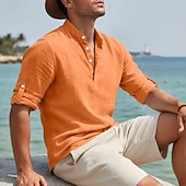 economico Vacanza-Per uomo Camicia di lino Camicia popover Camicia casual Camicia da Spiaggia Camicia con colletto alla coreana Semplice Casuale Spiaggia Nero Bianco Rosa Blu Manica Lunga Collo alla coreana Primavera